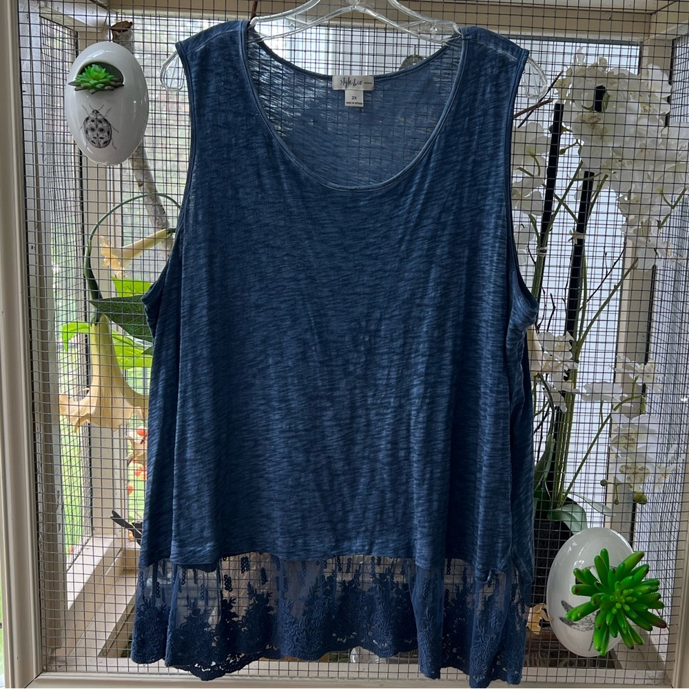 Style & Co. Navy Tank Top with Lace Hem 1X